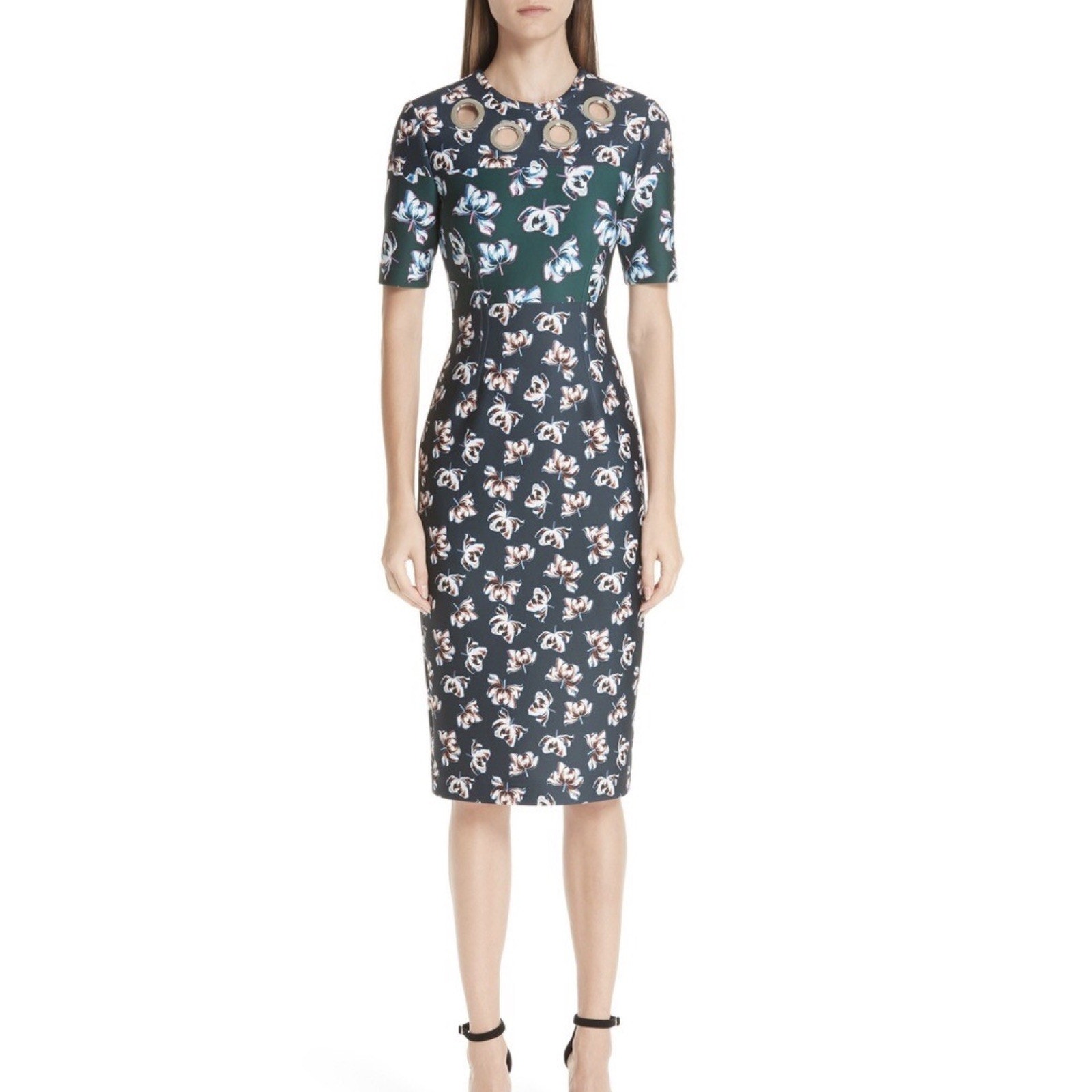 Yigal Azrouel Floral Green/Navy Color Block Scuba Midi Dress Size 10